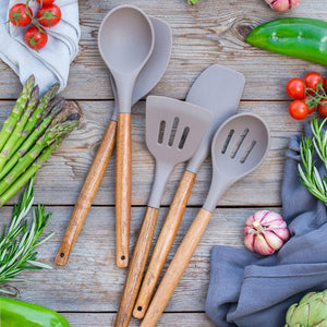 TFB Wooden Stick Silicone Spatula Spoon, 5 Pcs (Grey)
