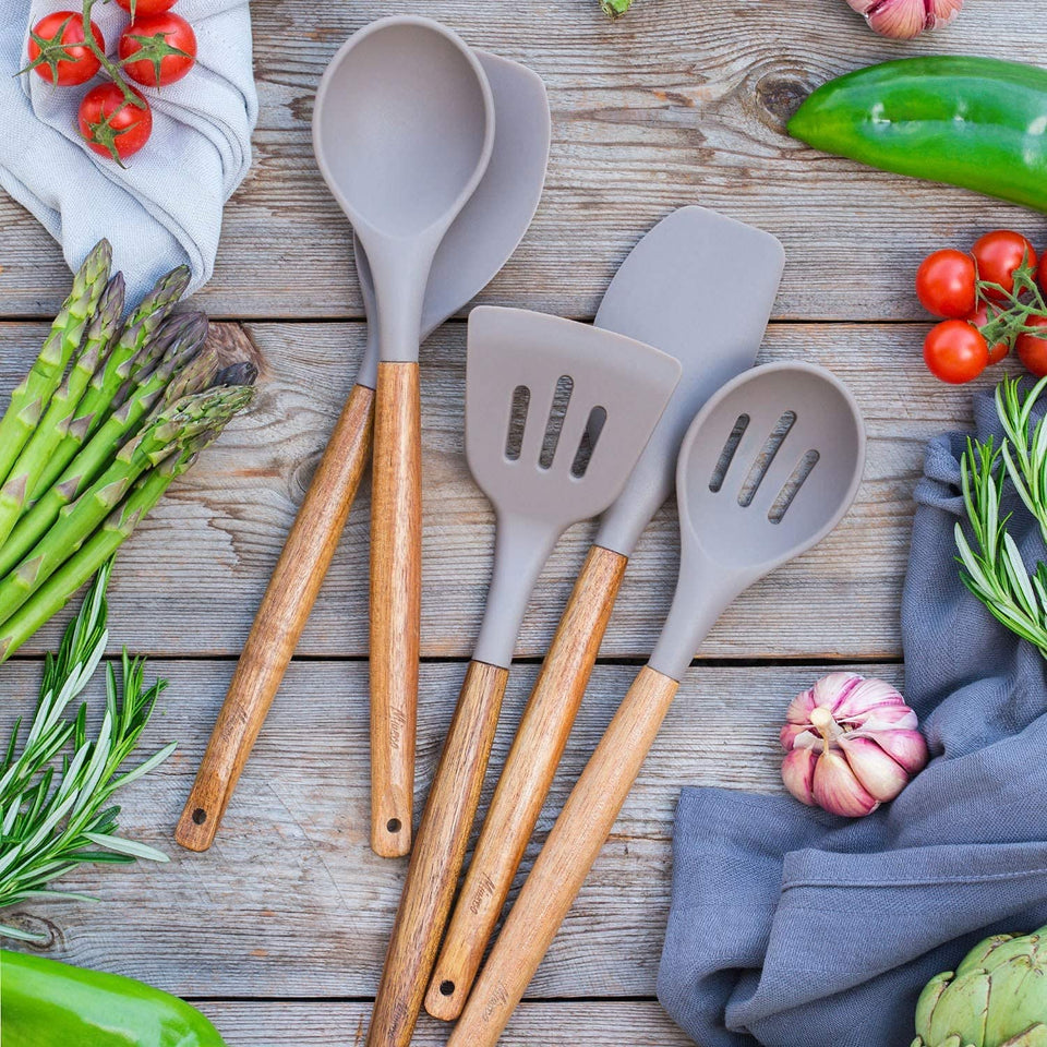 TFB Wooden Stick Silicone Spatula Spoon, 5 Pcs (Grey)