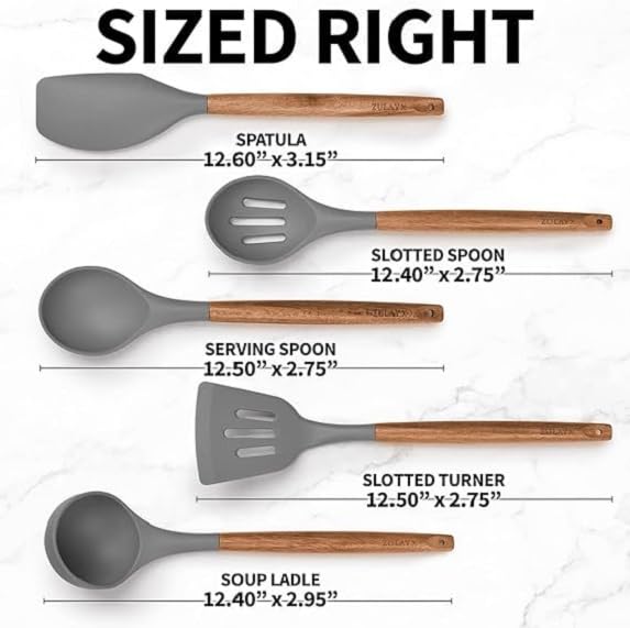 TFB Wooden Stick Silicone Spatula Spoon, 5 Pcs (Grey)