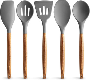 TFB Wooden Stick Silicone Spatula Spoon, 5 Pcs (Grey)