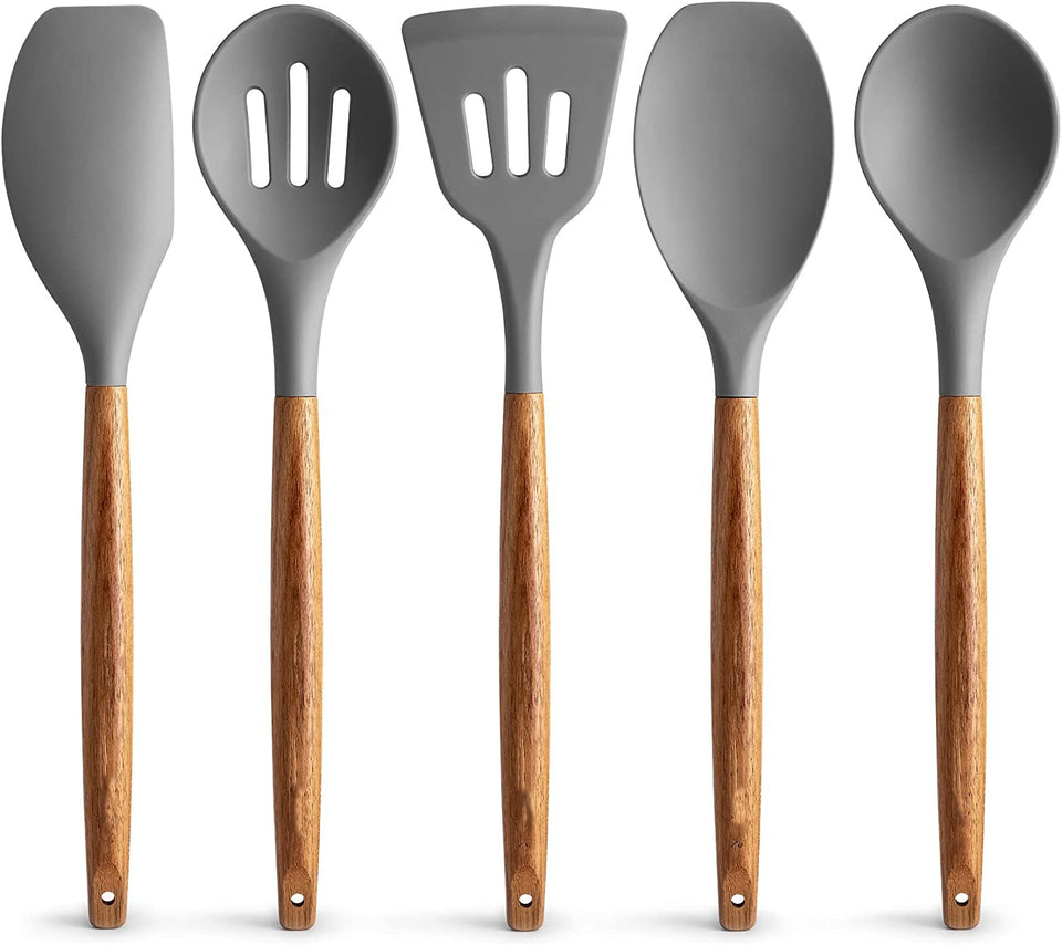 TFB Wooden Stick Silicone Spatula Spoon, 5 Pcs (Grey)
