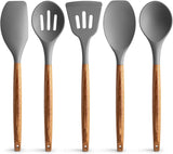 TFB Wooden Stick Silicone Spatula Spoon, 5 Pcs (Grey)