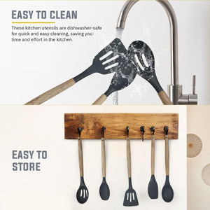 TFB Wooden Stick Silicone Spatula Spoon, 5 Pcs (Grey)