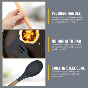 TFB Wooden Stick Silicone Spatula Spoon, 5 Pcs (Grey)