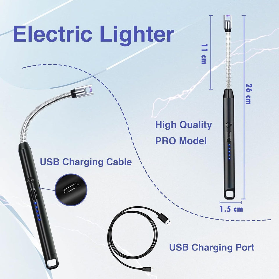 TFB Rechargeable Electric Gas Lighter for Cooking Gas Stove, Kitchen, Pooja Candles & Diyas | USB Charging, Windproof & 360° Flexible Electric Lighter - Silver