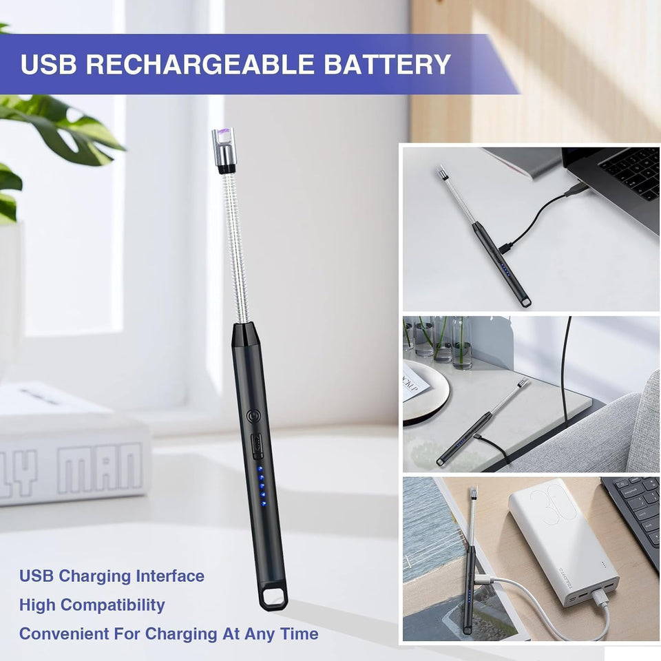 TFB Rechargeable Electric Gas Lighter for Cooking Gas Stove, Kitchen, Pooja Candles & Diyas | USB Charging, Windproof & 360° Flexible Electric Lighter - Silver