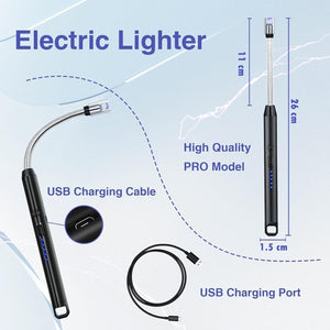 TFB Rechargeable Electric Gas Lighter for Cooking Gas Stove, Kitchen, Pooja Candles & Diyas | USB Charging, Windproof & 360° Flexible Electric Lighter - Silver
